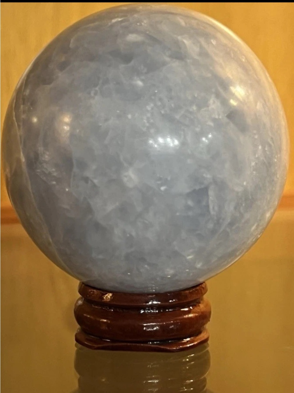 299gram .6lb Natural Blue Calcite Sphere with Wooden Stand